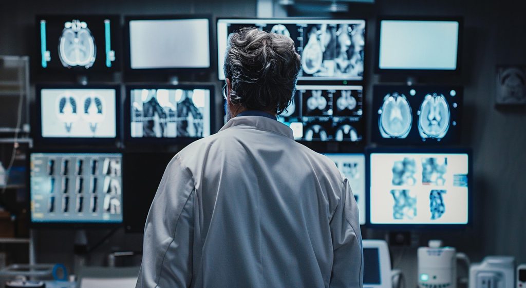 ai generated, doctor, x-ray, monitors, medical, facility, examine, images, scans, healthcare, technology, hospital, diagnostic, equipment, professional, radiology, focus, analysis, screens, medicine, research, clinical, health, data, review